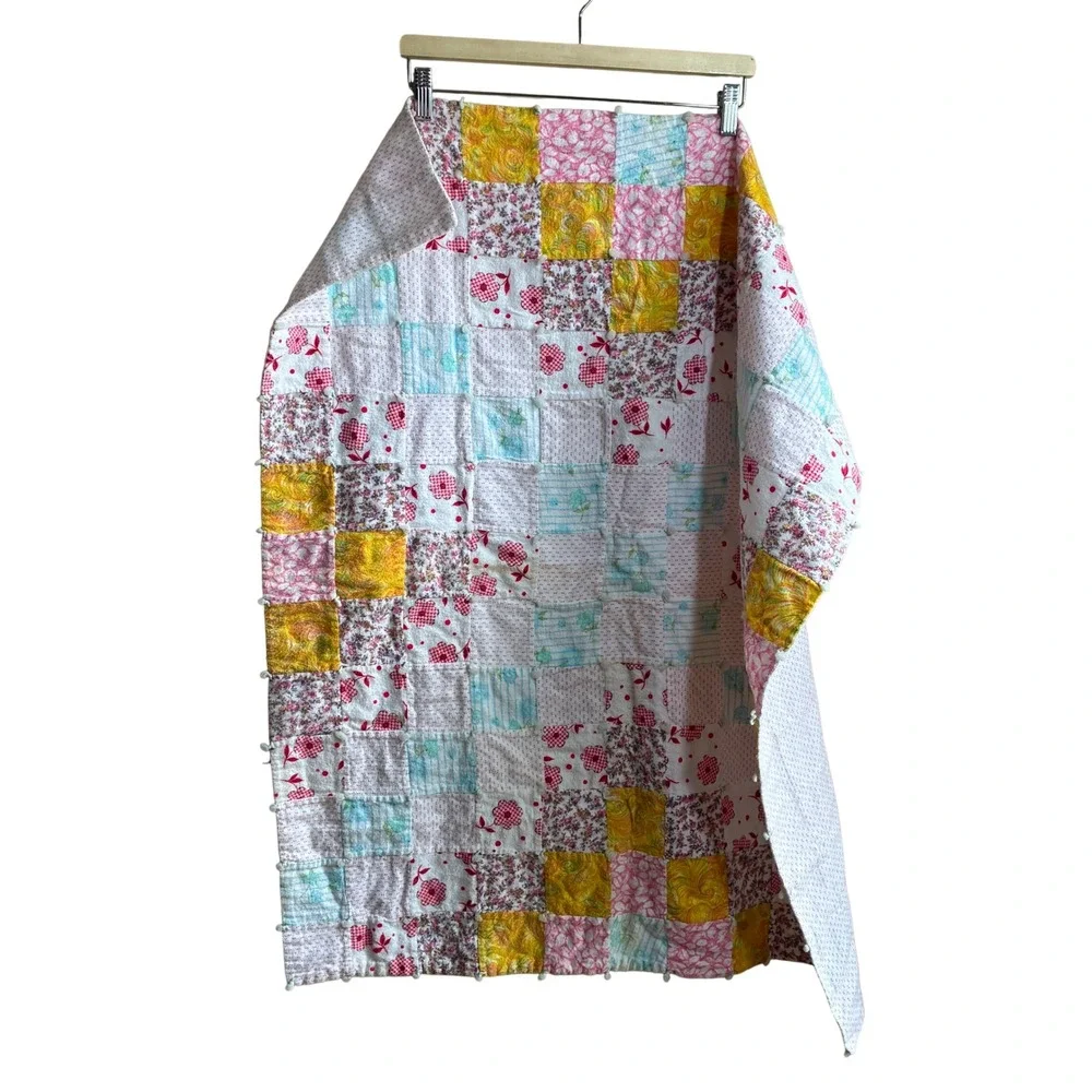 Handmade Patchwork Baby Quilt 36x32 Multi-Color Floral Hand Tied Nursery Blanket